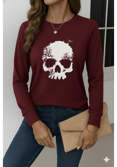 Cottonlab Kadın Uzun Kollu Bisiklet Yaka Kurukafa Desenli Viskon Bluz Bordo