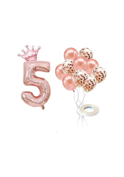 5 Rakam Rose Gold Folyo Balon, Kral Tacı Ve Konfetili Rose Gold Balon