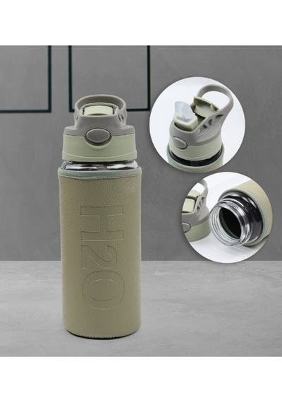 H2o Deri Kılıflı Pipetli Cam Matara 500 Ml Haki