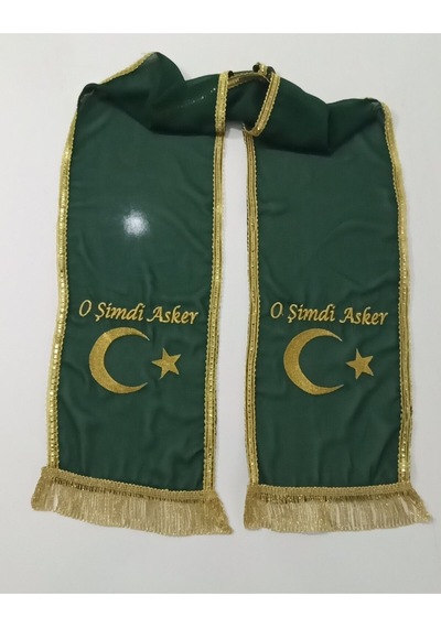 Yeşil Şifon Nakış İşlemeli Kına - Damat - Asker Omuz Şalı Atkısı Örtüsü Gold Ayyıldız Nakış İşleme