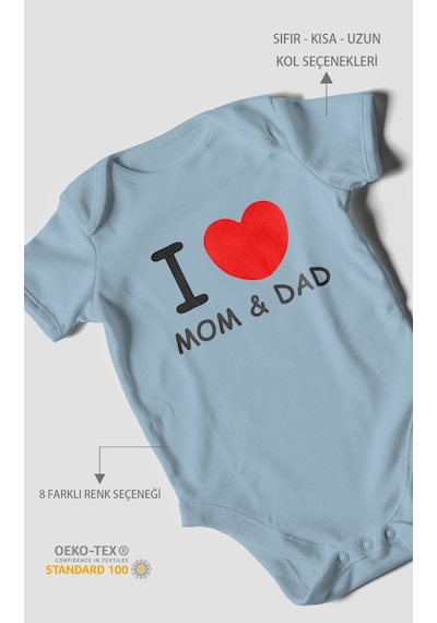 I Love Mom And Dad Baskılı Bebek Zıbını Çıtçıtlı Body %100 Pamuk Kısa Kol Bebe Mavisi