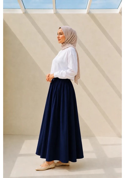 Kadın Lacivert Cepli Beli Lastikli Poplin Uzun Etek 90 Cm