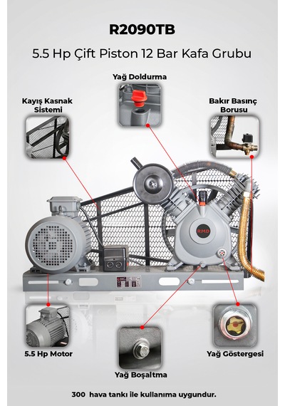 5.5 Hp Çift Piston 12 Bar Kompresör Kafası
