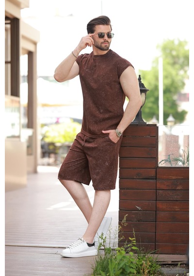 Madmext Acı Kahve Basic Erkek Yırtık Detaylı Şort T-shirt Takım E7319 Acı Kahverengi