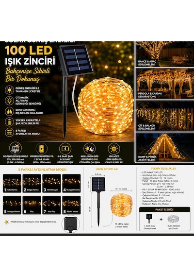 Solar 100 Led Gün Işığı Peri Led Işık Zinciri Bahçe Ve Balkon Aydınlatma
