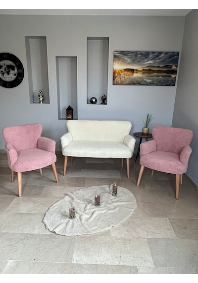 Azra Mobilya Azra Aksesuar Çay Seti Oturma Grubu, Puffy Kumaş Koltuk Takımı, Ahşap Ayak, Balkon Bahçe Mobilyası Krem-pembe