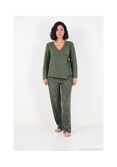 Lela Desenli Dantel Detaylı Bağlamalı Uzun Kollu Pijama Takımı Kadın Pijama Takımı 6575024 Haki