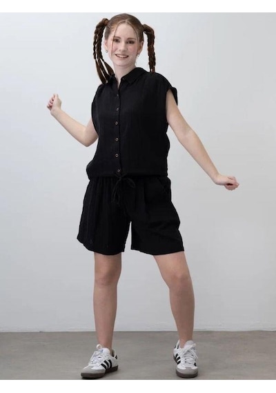 Zekids Kız Çocuk Müslin Şortlu Takım-15785 Siyah Zekids Kız Çocuk Müslin Şortlu Takım-15785 Siyah