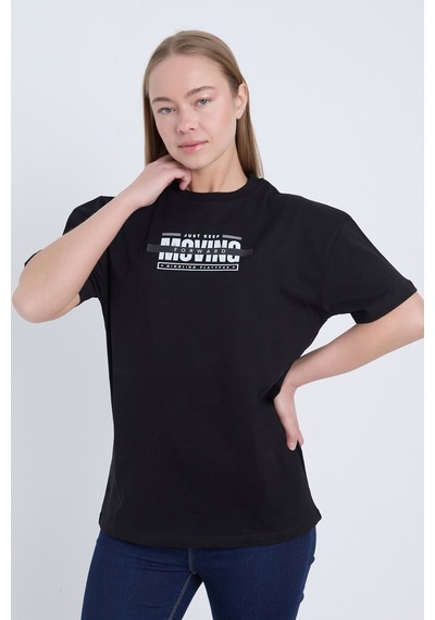 Velvoria Unisex Oversize Relaxed Moving Baskılı Siyah Renk T-shirt