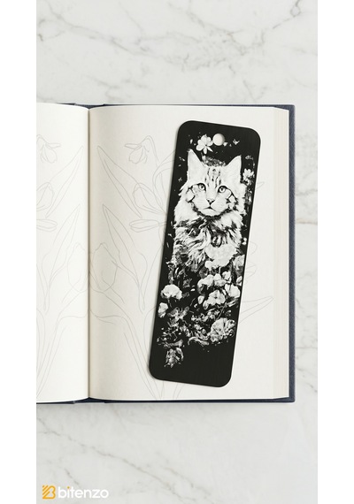 Sanatsal Kedi Ve Çiçek Figürlü Kabartma Dokulu Kitap Ayracı - Mat Siyah Şık Kitap Aksesuarı