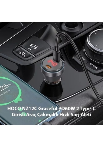 Hoco Nz12c Graceful Pd60w 2 Type-c Girişli Araç Çakmaklı Hızlı Şarj Aleti