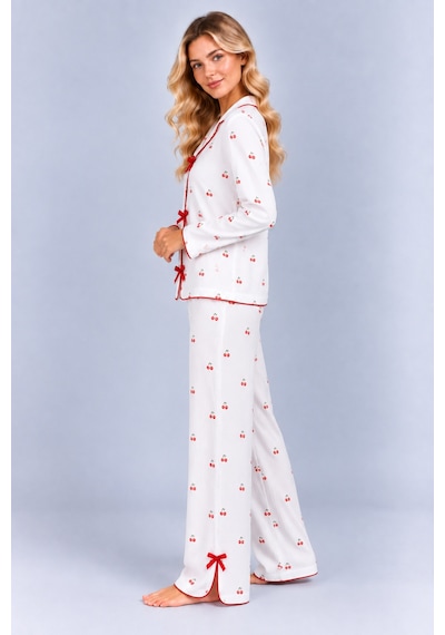 Pijamask Kadın Beyaz Kiraz Desenli Kırmızı Fiyonk Detaylı Uzun Kollu Pijama Takımı Beyaz