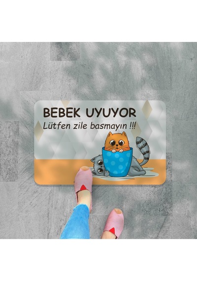 Bebek Uyuyor Lütfen Zile Basmayın Yazılır Dekoratif Dış Kapı Önü Ve Iç Mekan Paspası Yıkanabilir Bej