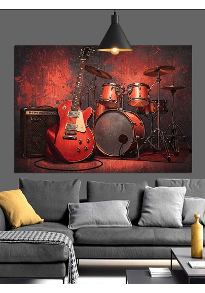 Davul Gitar Müzik Aletleri Dekoratif Kanvas - Mdf Ahşap Tablo