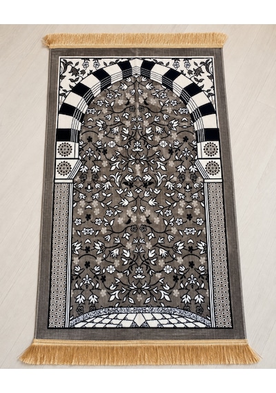 Ravza Desenli Kadife Seccade 70x115 Cm Çeyizlik Hediyelik Seccade Gri