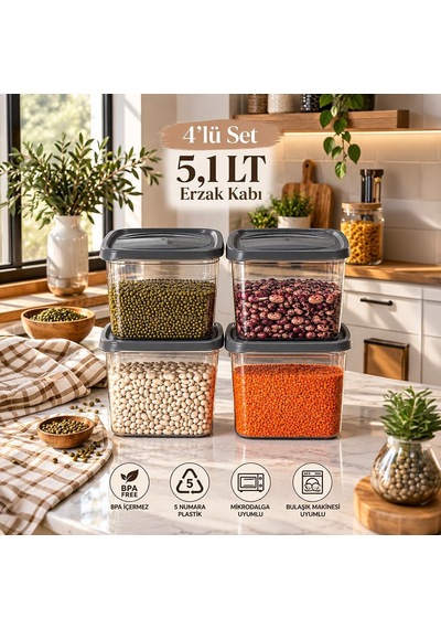 0976 4'lü Kare Erzak Saklama Kabı Seti 5,1 Lt Koyu Gri - Şeffaf Bakliyat, Deterjan & Mutfak Düzenleyici Kutu Diğer
