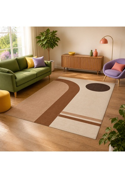 Kartela Halı Japandi Kemer Desenli Halı Bakır Kaymaz Taban Makinede Yıkanabilir 100x150 Cm