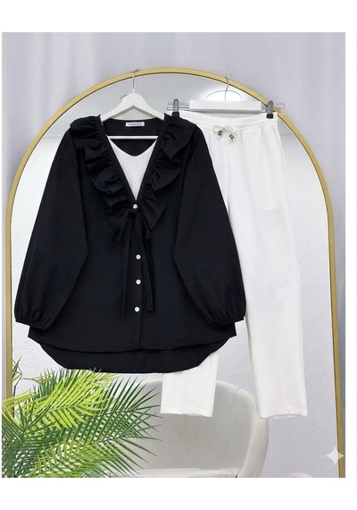 Lovie Moda Yakası Fırfır Detaylı Düğmeli Pantolonlu Takım Siyah