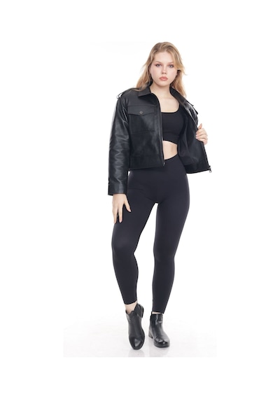 M M Marki Marki Kadın Hakiki Deri Ceket, Gömlek Yaka, Fit Kesim, Crop Model, 1. Sınıf Kalite - 109822 Siyah