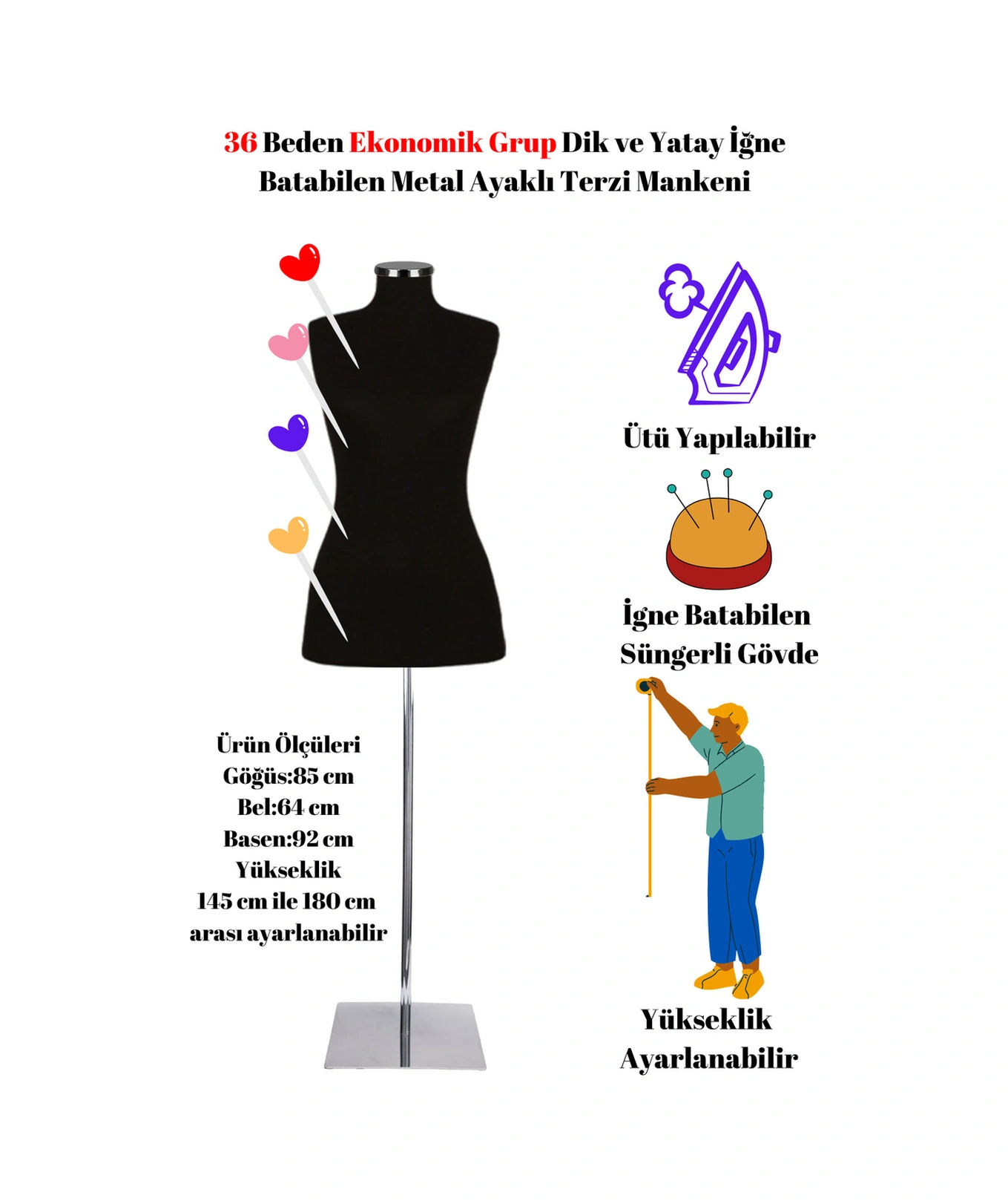 Ekonomik 36 Beden Dik Ve Yatay I Ğne Batabilen Sünger Metal Ayaklı Terzi Mankeni