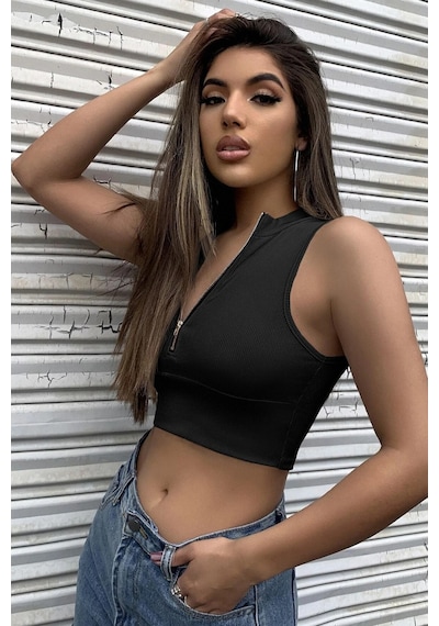Alfa Aksesuar 03 Kadın Siyah Yarım Fermuarlı Sıfır Kol Crop Top Bluz