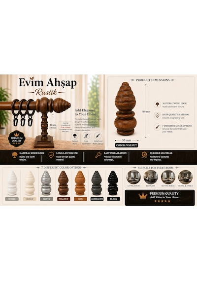 Evim Ahşap Rustik Perde Askısı Ceviz