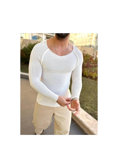 Elku Moda Kazak Slim Fit Triko Dar Kesim Geniş Yaka Yumuşak Dokulu Pamuklu Kazak Ekru