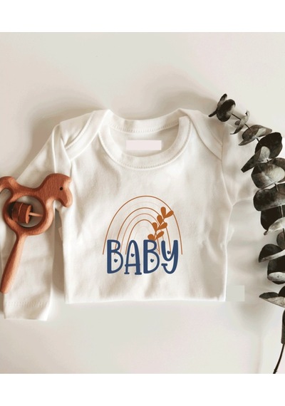İmaj Tuğbababy Baby Yazılı Gökkuşağı Uzun Kol Çıtçıtlı Organik Bebek Body Beyaz