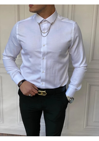 Modefendi Slim Fit Pamuk Örme Bebe Yaka Gömlek Beyaz