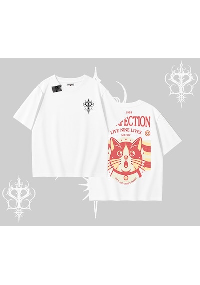 Tarzsokak Live Nine Lives Kedi Tasarımlı Oversize Tshirt Beyaz