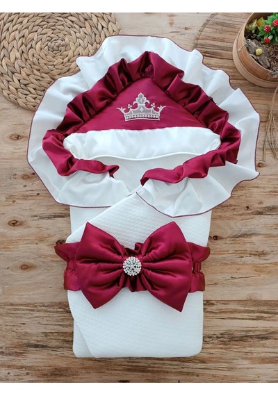 Yenidoğan Mehtap Lüks Kelebek Taç Nakışlı Bebek Battaniyesi Kundak Bordo Bordo