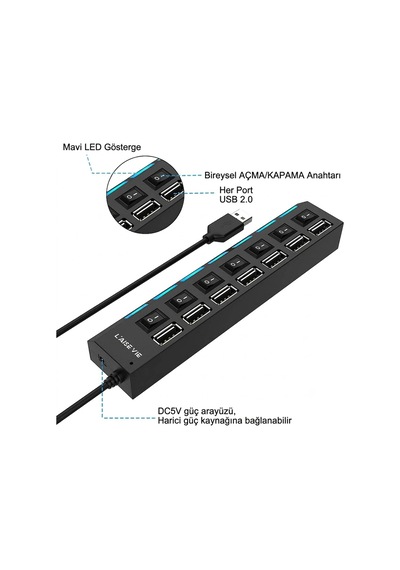 7 Port Usb Hub Çoğaltıcı - Işıklı Ve Açmakapama Anahtarlı Çoklu Usb 2.0 Adaptör Tak&çalıştır