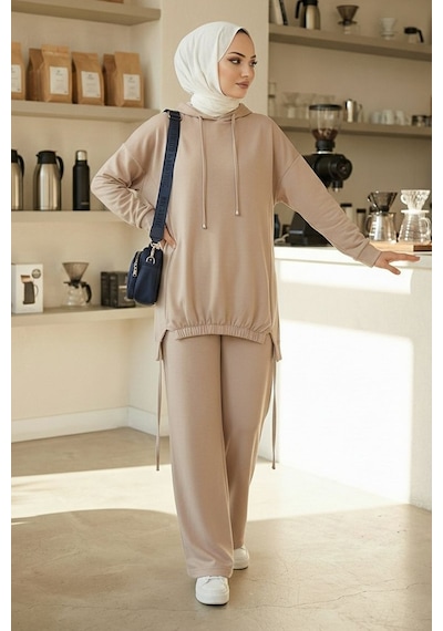 Bestenur Kapüşonlu Tunik Pantolon Takım 1682 - Vizon Vizon