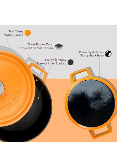 Lava Spring Serisi - Döküm Tencere, Yuvarlak, 28 Cm, Mat Emaye, Parlak Siyah Taban, Turuncu Diğer