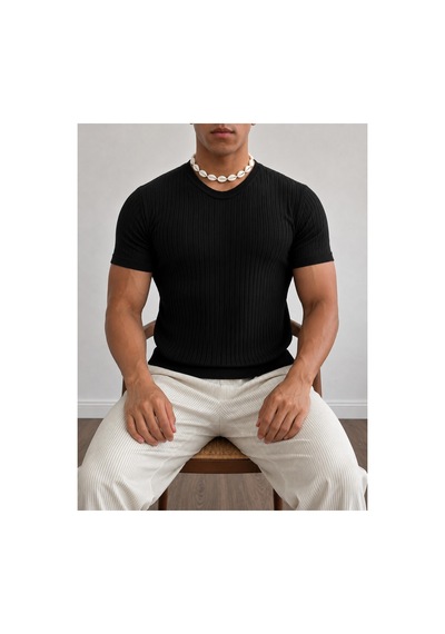 Tarz Cool Erkek Slim Fit Fitilli Triko Tişört Bisiklet Yaka Premium Pamuk Basic Yazlık T-shirt Siyah