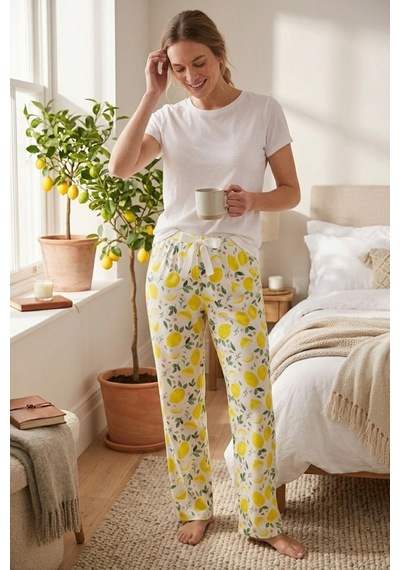 Mataş Kadın Viskon Pijama Altı Rahat Kesim Fiyonk Bağcıklı Bel Beyaz