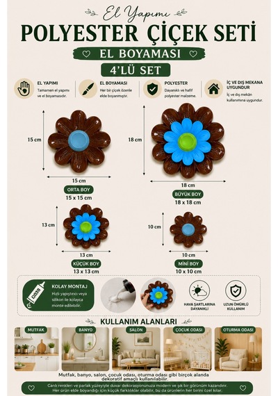 Çiçek Polyester Çiçek 4 Lü Set Kahverengi-bal Kahve