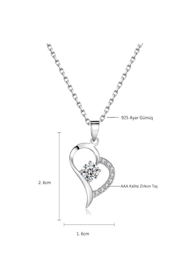 Brezza Lusso Jewelry Gümüş Zirkon Taşlı Kadın Kalp Gümüş Kolye 45 CM Beyaz Taş