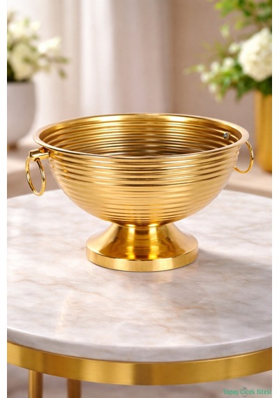 Yapay Çiçek Sitesi Metal Çizgili Küpeli Vazo 17 Cm Altın