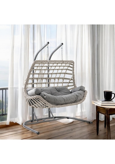 Cunda Çiftli Rattan Bahçe Salıncağı Rehome Balkon Salıncağı Beyaz