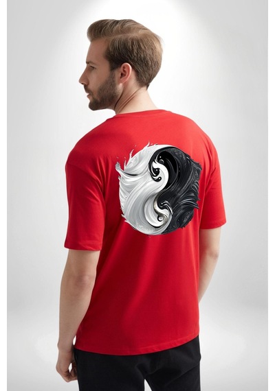 Siyah Beyaz Ying Yang Kırmızı Oversize Unisex Ön Ve Sırt Baskılı Tişört Kırmızı