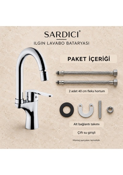 Sardıcı Ilgın Oynar Başlıklı Lavabo Bataryası Krom Pirinç Gövde Çift Su Girişli