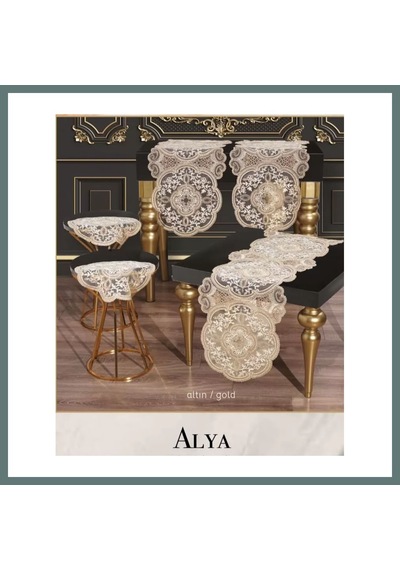 Ventra Alya Gold 5 Parça Dantelli Salon Takımı Runner Masa Örtüsü Modern Tasarım Ventra
