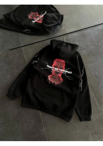 Üç İplik Kapşonlu Baskılı Oversize Sweatshirt- Siyah Siyah