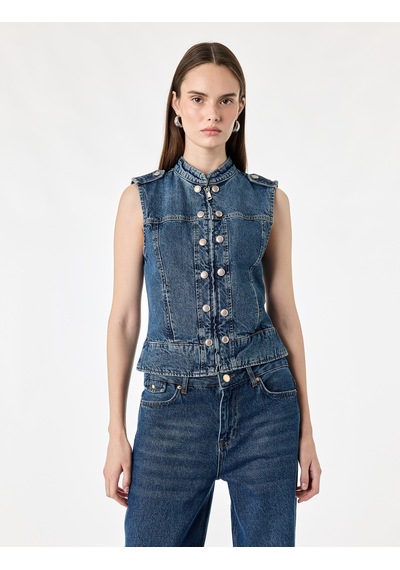 Koton Pamuklu Cepli Yuvarlak Yaka Kolsuz Denim Military Yelek Orta İndigo 7wal20008md