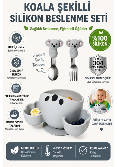 Gri Koala Premium Çocuk Vakumlu Silikon Beslenme Mama Kase, Paslanmaz Çelik Çatal-kaşık 9+ Ay