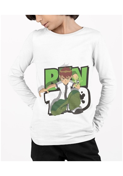 Kostüm Sarayı Benten Baskılı Uzun Kol Tişört | Ben 10 Baskılı Uzun Kol T-Shirt Beyaz