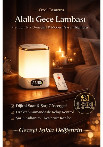 Şarjlı Led Gece Lambası Uzaktan Kumandalı Dekoratif Aydınlatma Dijital Saatli Masa Lambası Beyaz Beyaz