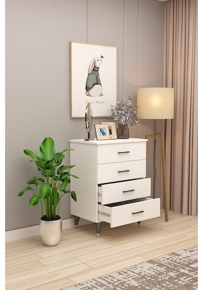 Asra Trend 4 Çekmeceli Şifonyer ŞF-01 %100 MDF Modern Depolama Ünitesi Beyaz