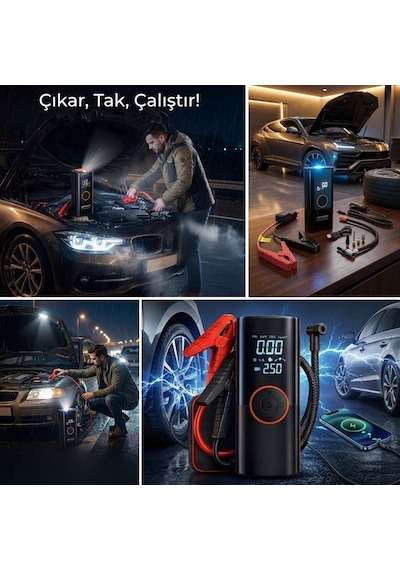 Büro Ev Ofis Kamp Keyfi İçin Powerbanklı Ekranlı Lambalı Akü Takviye Kompresörlü Lastik Pompası